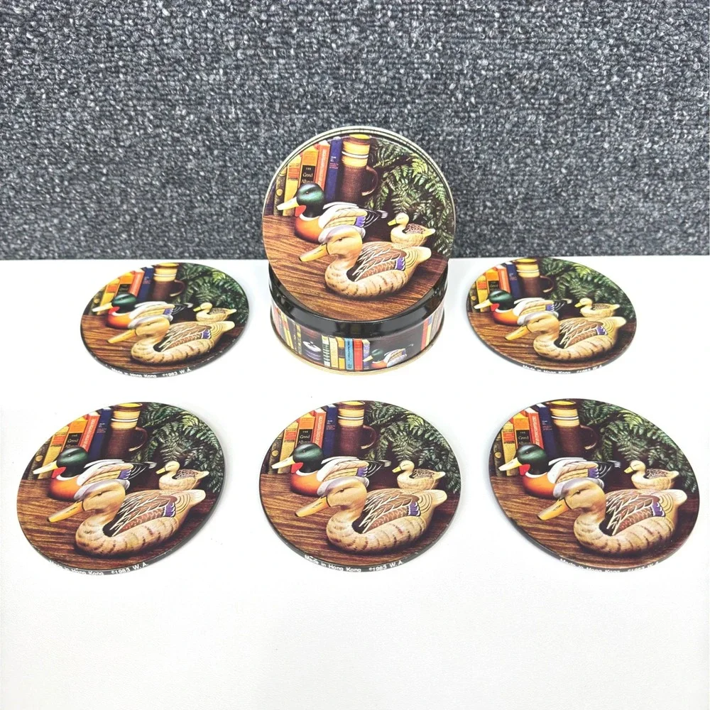 Vintage 1983 Mallard Duck Coaster Set with Tin 5pc Cork Backed Hong Kong Rustic